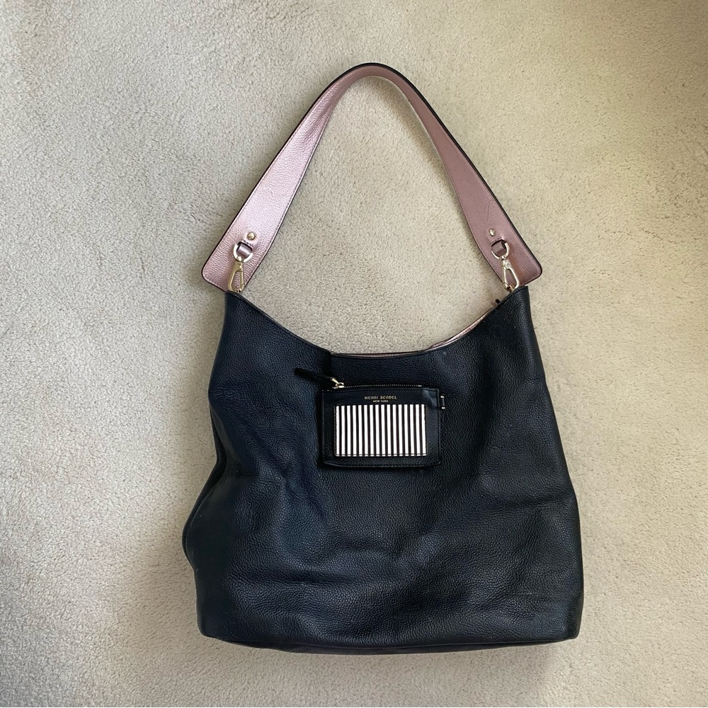 Henri Bendel Leather Hobo Bag Black Pink Shoulder Bag Striped Detail